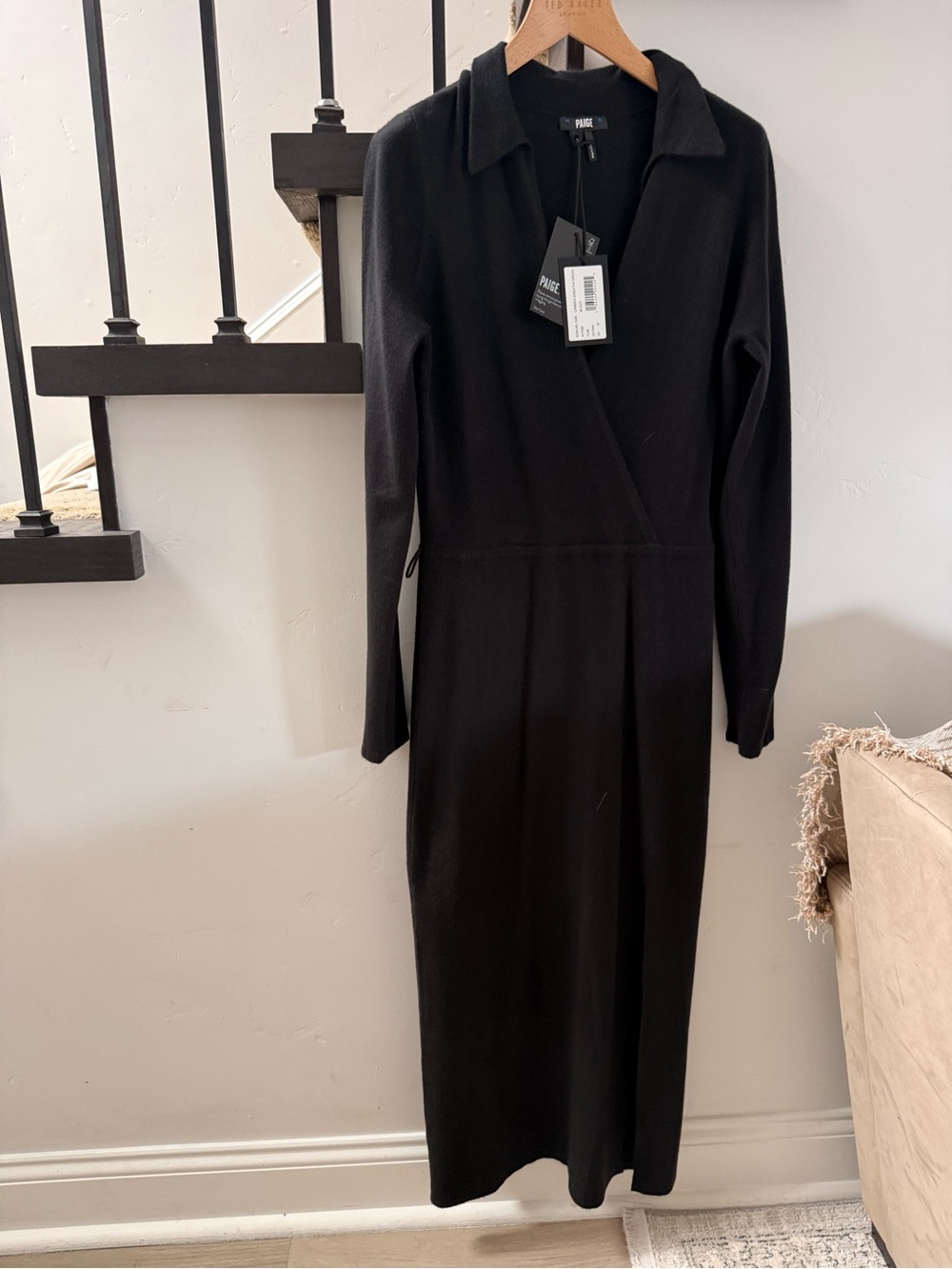 PAIGE Black Long-Sleeve Collared Wrap Midi Dress
